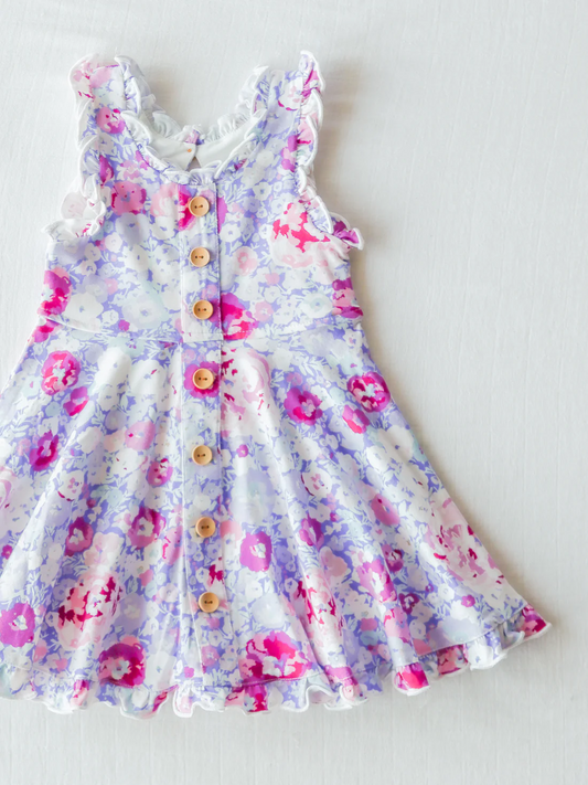 Baby Girls Purple Flowers Buttons Ruffles Knee Legnth Dresses preorder (moq 5)