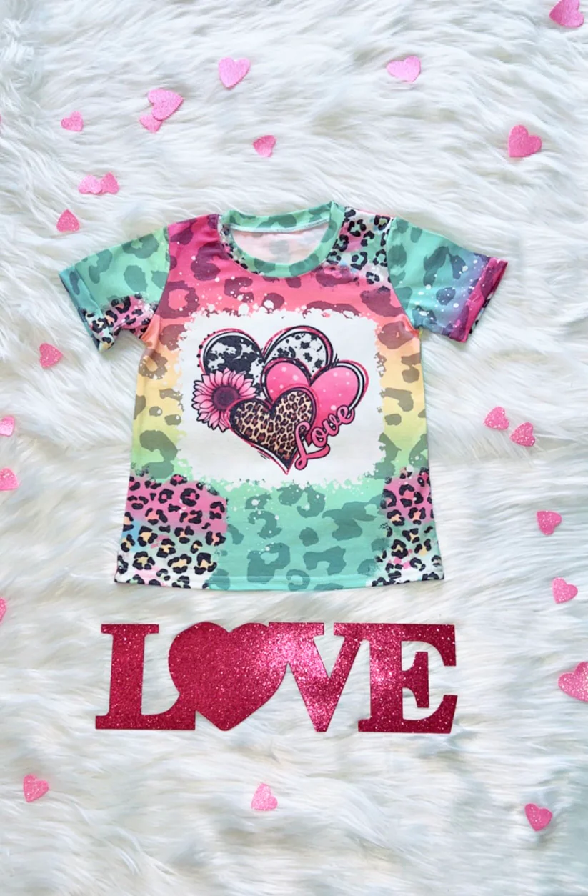 Baby Girls Short Sleeve Heart Valentines Leopard Tee Shirts Tops preorder(moq 5)
