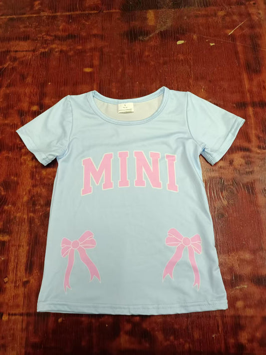 Preorder moq 5 Baby Girls Light Blue Short Sleeves Pink MINI Bows Tee Shirts Top