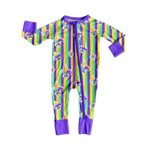 Preorder (moq 20)Baby Boys Bamboo Mardi Gras Stripe Anchors Zipper Footie Rompers