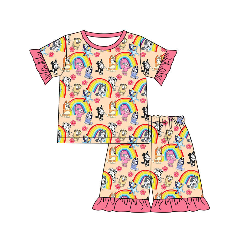 Preorder (moq 5)Baby Girls Dogs Flowers Rainbow Top Ruffle Shorts Pajamas Clothes Sets
