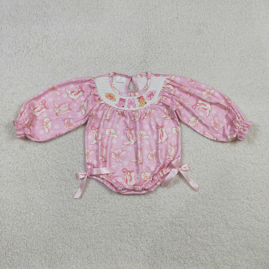 Smocked Boots Bows Baby Girls Pink Flowers Western Ruffle Rompers