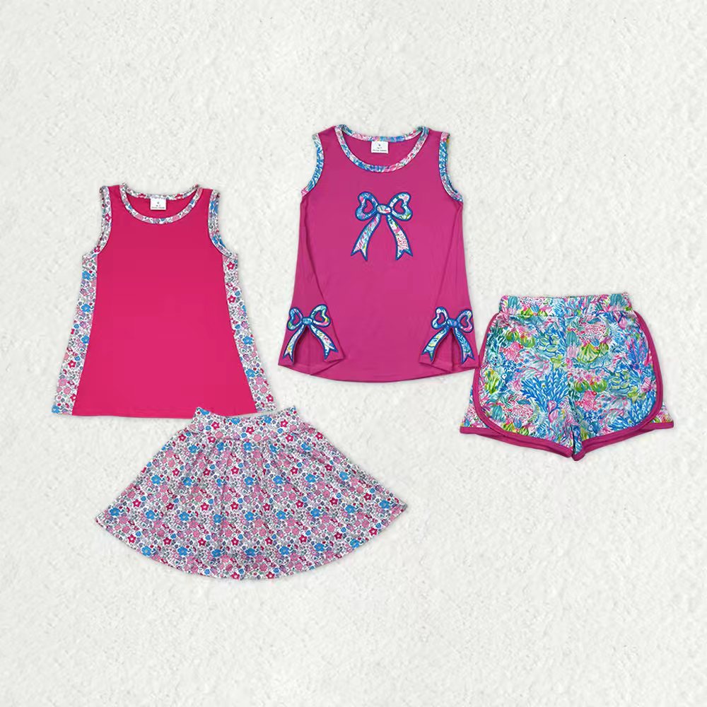 Sibling Baby Girls Sleeveless Embroidery Bow Floral Print Shorts Skorts Clothes Sets