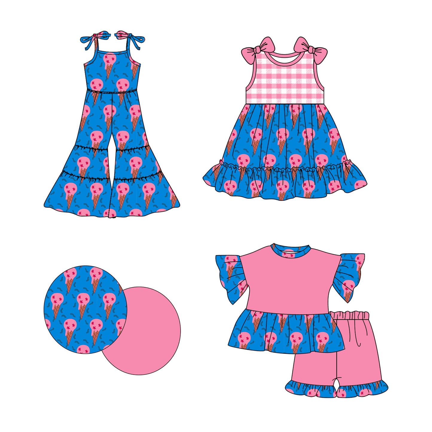 Preorder moq 5 Custom Baby Girls Pink Ice Cream Tunic Ruffle Short Sets Knee Length Dress And Jumpsuits