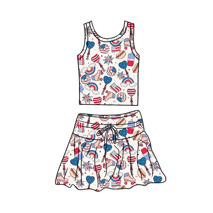 Preorder (moq 5)Baby Girls Rainbows Flags Vest Top Skirt Short 4th of July Clothes Sets