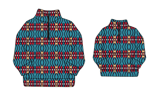 Preorder(moq 5)Mama and Me Long Sleeves Aztec Pocket Zipper Pullovers Top