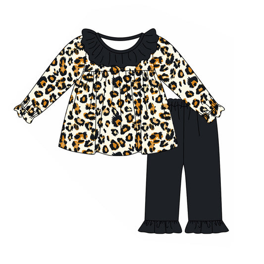 Baby Girls Black Leopard Tunic Ruffle Pants Clothes Sets preorder(MOQ 5)