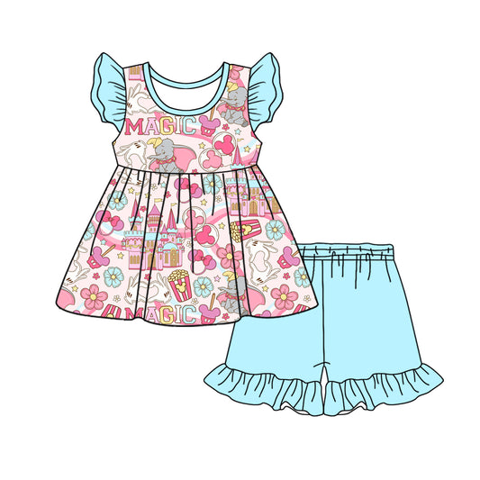 Preorder (moq 5)Baby Girls Elephant Castle Tunic Top Ruffle Shorts Clothes Sets