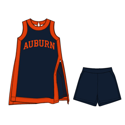 Preorder moq 5 Baby Girls Orange Navy Auburn Split Tunic Pockets Short Team Clothes Sets