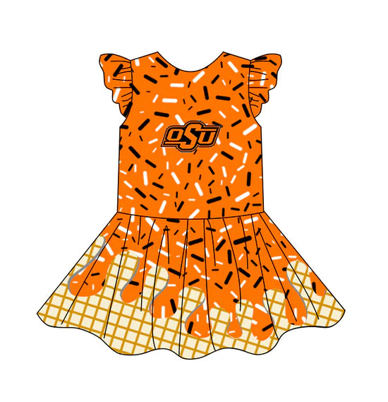 Preorder (moq 5)Baby Girls Team Ice Cream Drips OSU Knee Length Dresses