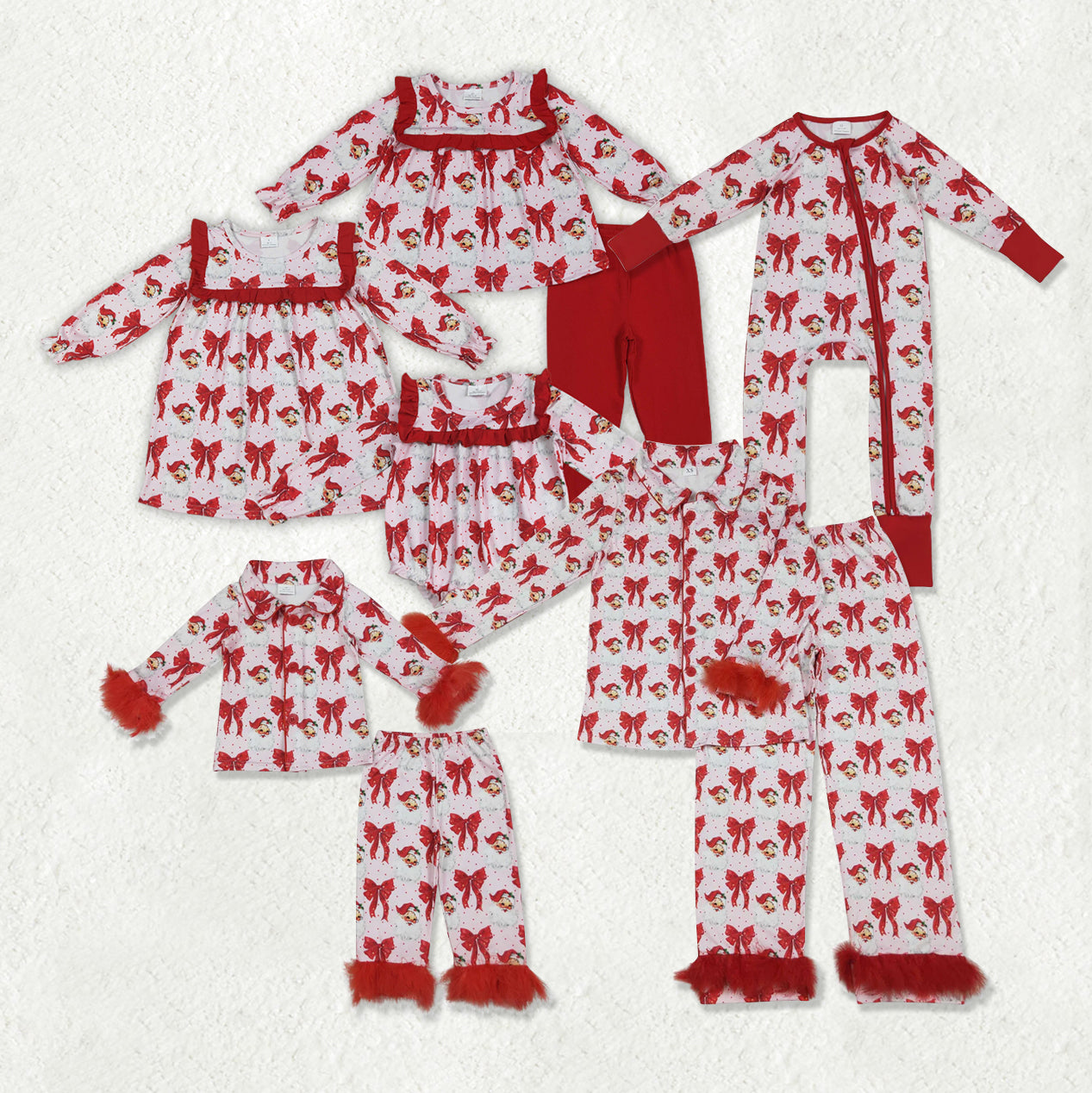 Sibling Family Mama and Girls Christmas Bows Santa Ruffle Fur Sleeve Pajamas Clothes Set Dress Rompers