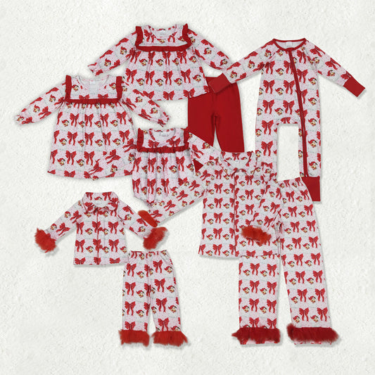 Sibling Family Mama and Girls Christmas Bows Santa Ruffle Fur Sleeve Pajamas Clothes Set Dress Rompers
