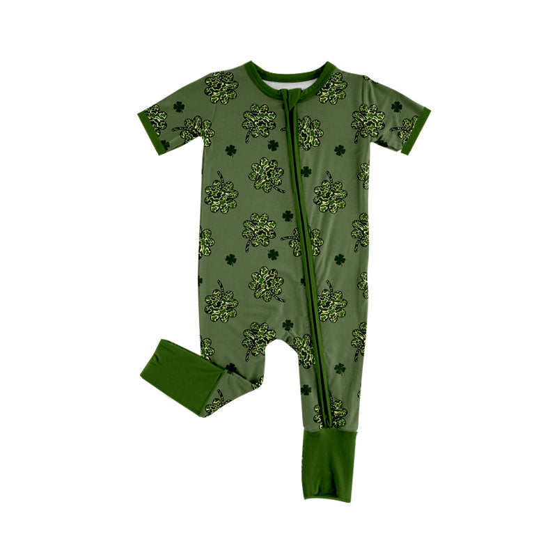 Baby Infant Boys St Patrick Day Quatrefoil Camo Zip Rompers preorder(moq 5)