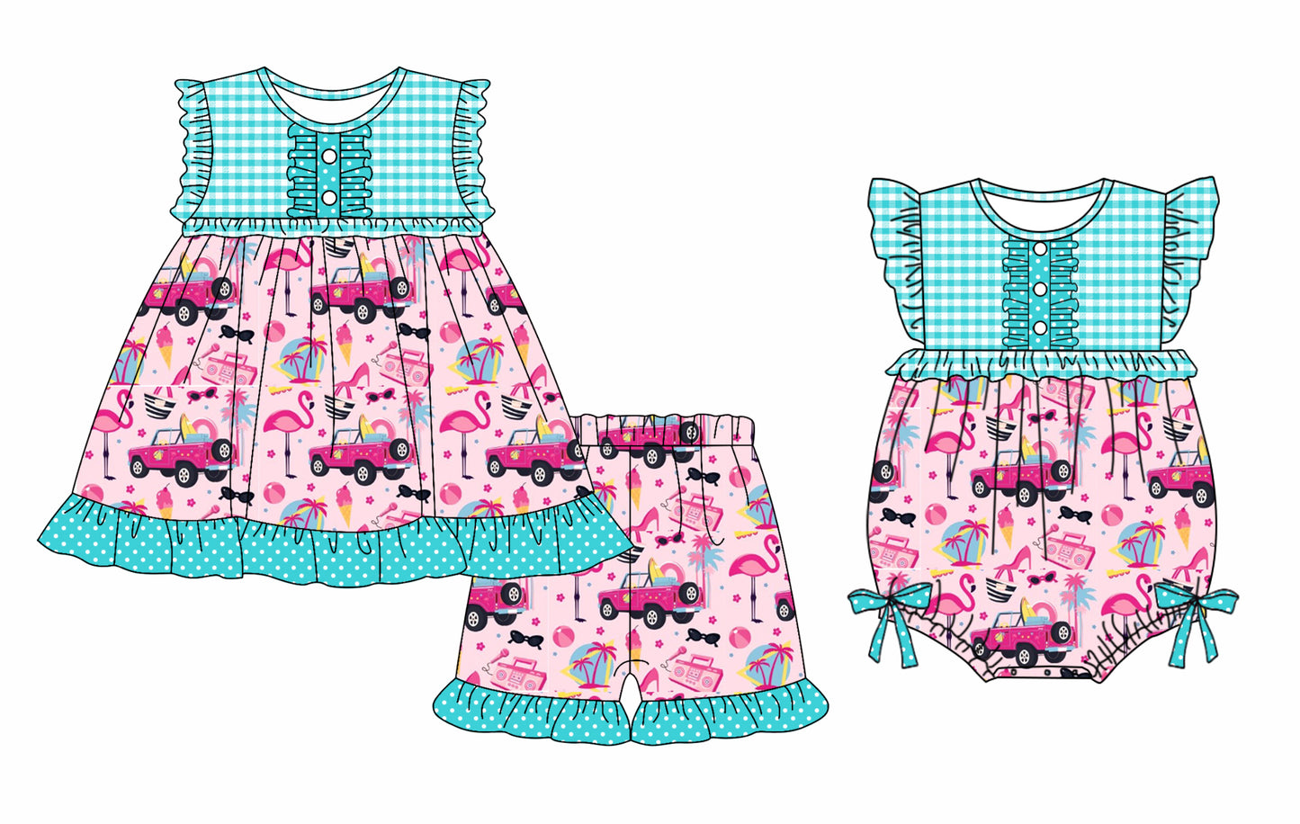 Preorder moq 5 Custom Baby Girls Aqua Plaid Sleeveless Button Flamingos Tunic Ruffle Short Set Rompers
