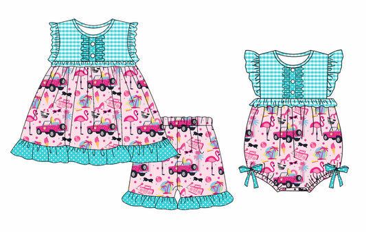 Preorder moq 5 Custom Baby Girls Aqua Plaid Sleeveless Button Flamingos Tunic Ruffle Short Set Rompers