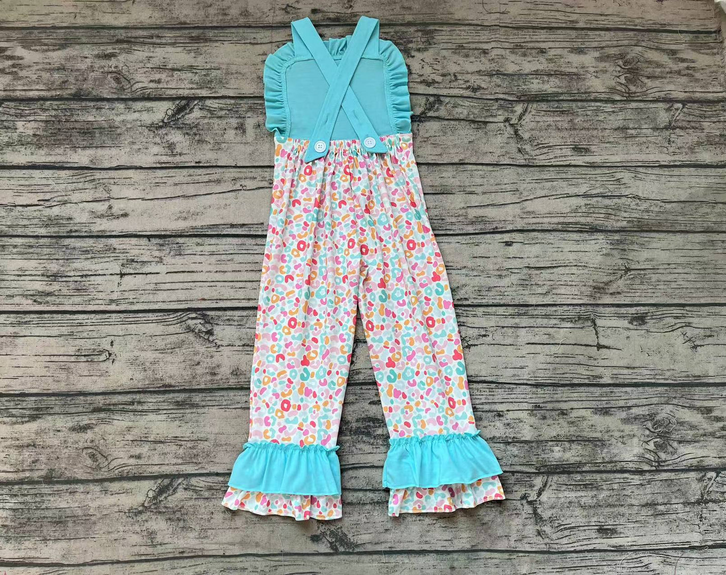 Baby Girls Blue Leopard Straps Ruffle Pants Jumpsuits