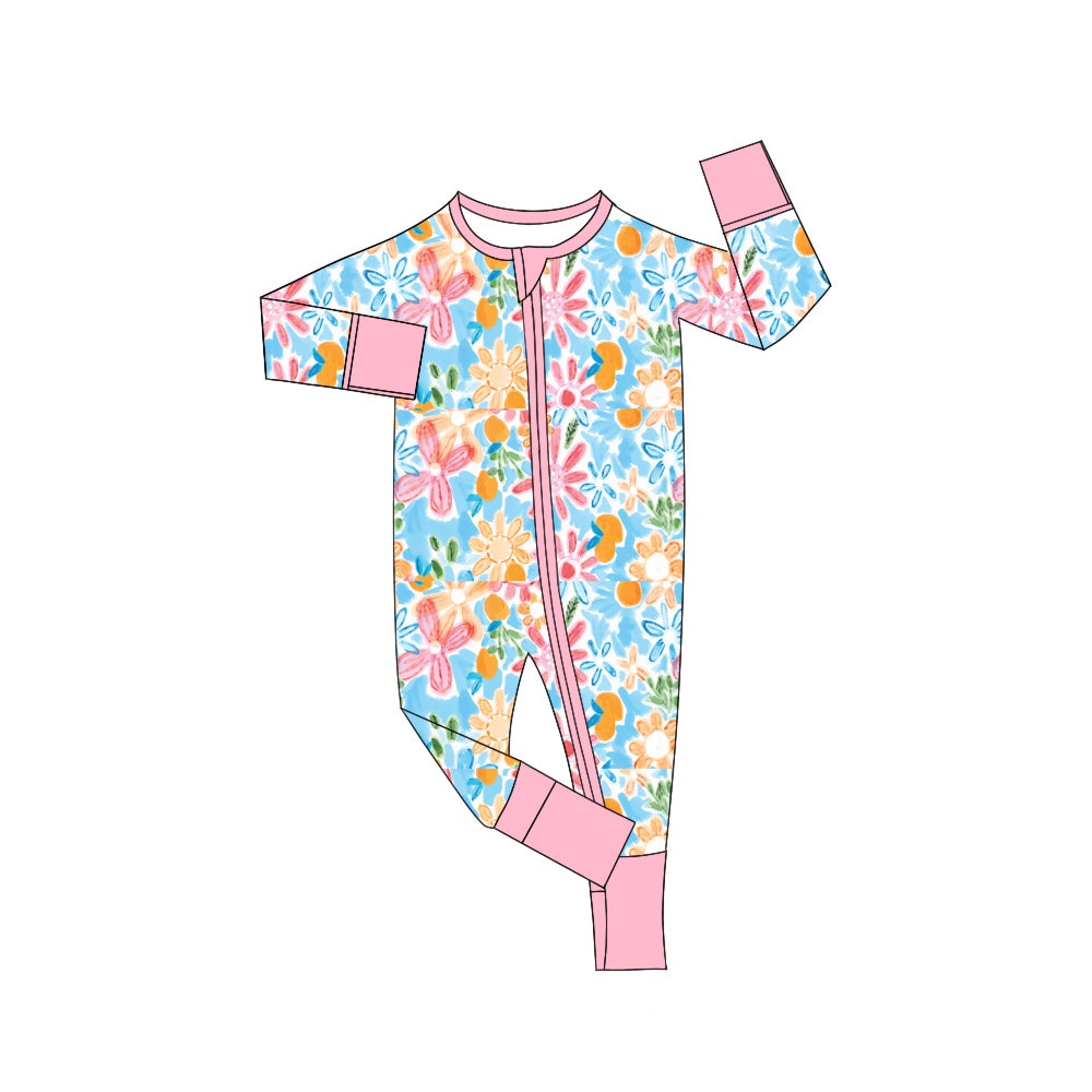 Baby Infant Girls Blue Flowers Zip Rompers preorder