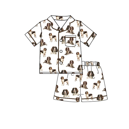 Preorder(MOQ 5) Baby Kids Short Sleeve White Dogs Friend Button Top Shorts Pajamas Clothes Sets