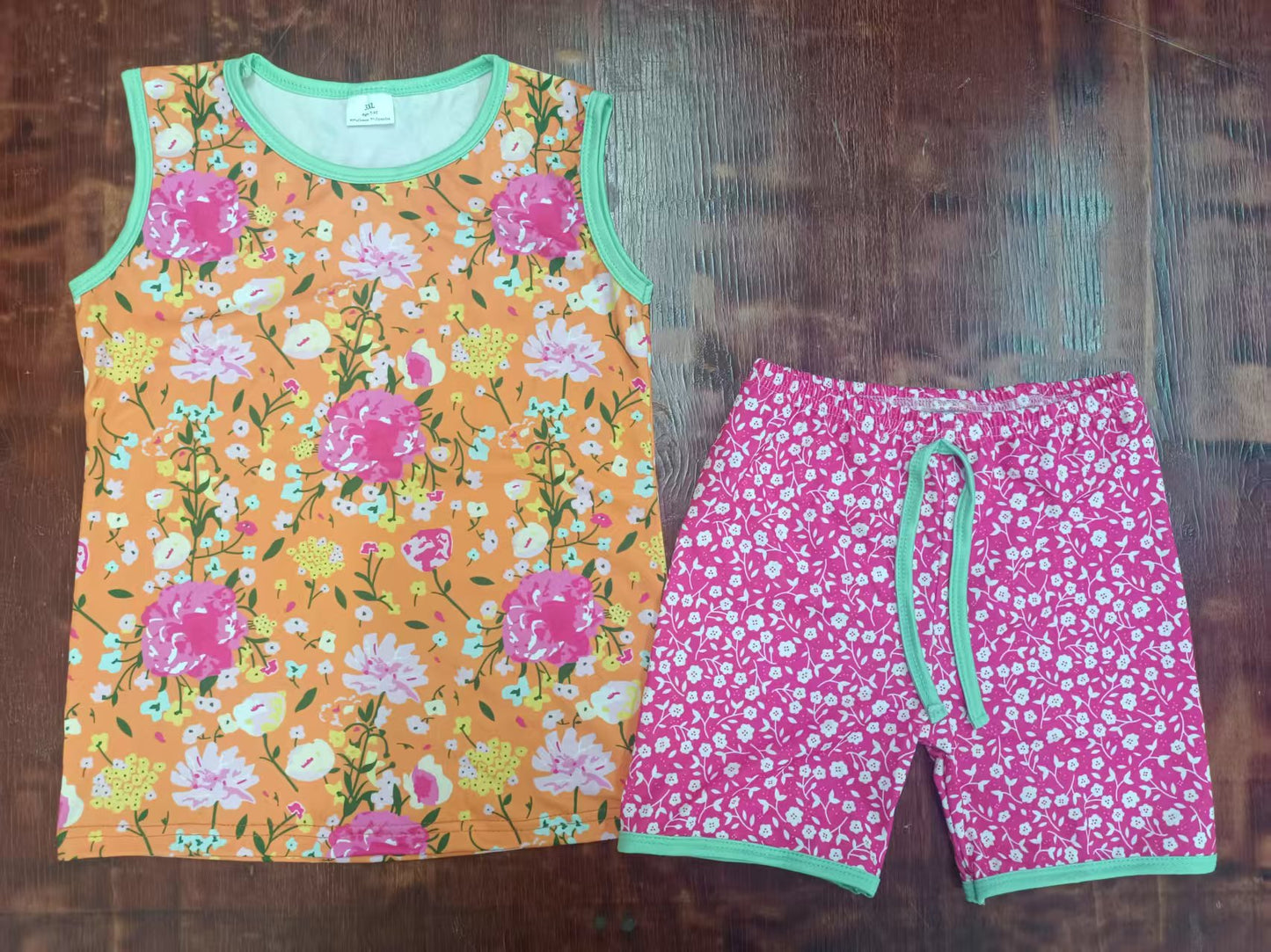 Preorder moq 5 Baby Girls Sleeveless Orange Pink Flowers Top Short Set