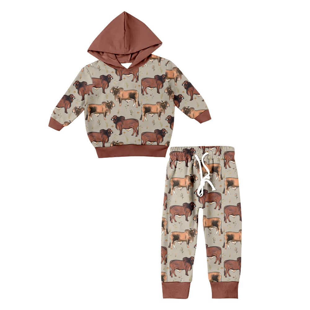 Baby Boys Cow Farm Brown Hooded Top Pants Clothes Sets Preorder(moq 5)