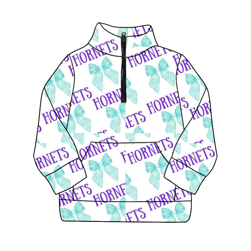 Preorder (moq 5)Adult Women Bows Hornets Plaid Pocket Zipper Team Pullover Tops