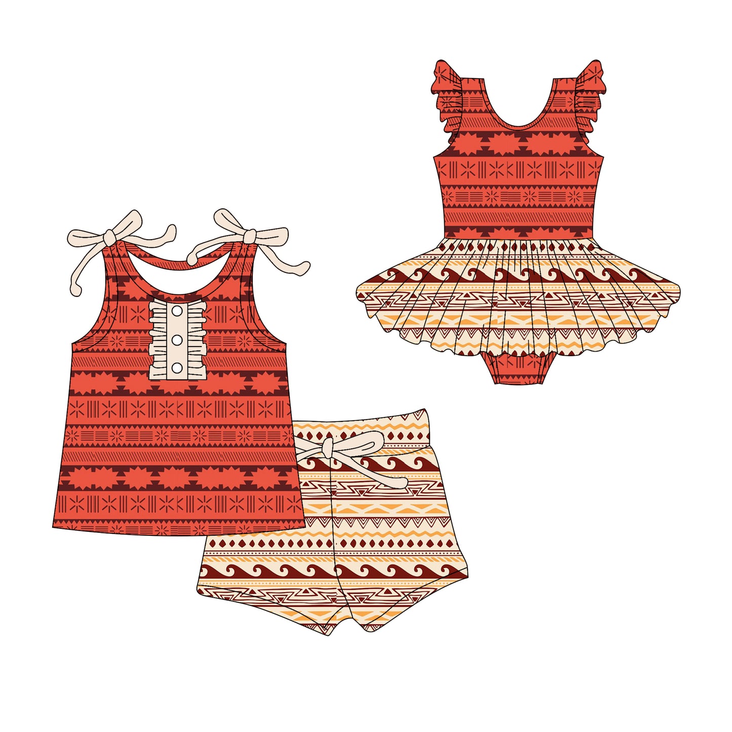 Preorder moq 5 Custom Baby Girls Strap Aztec Button Top Short Set Skort Bummise Romper