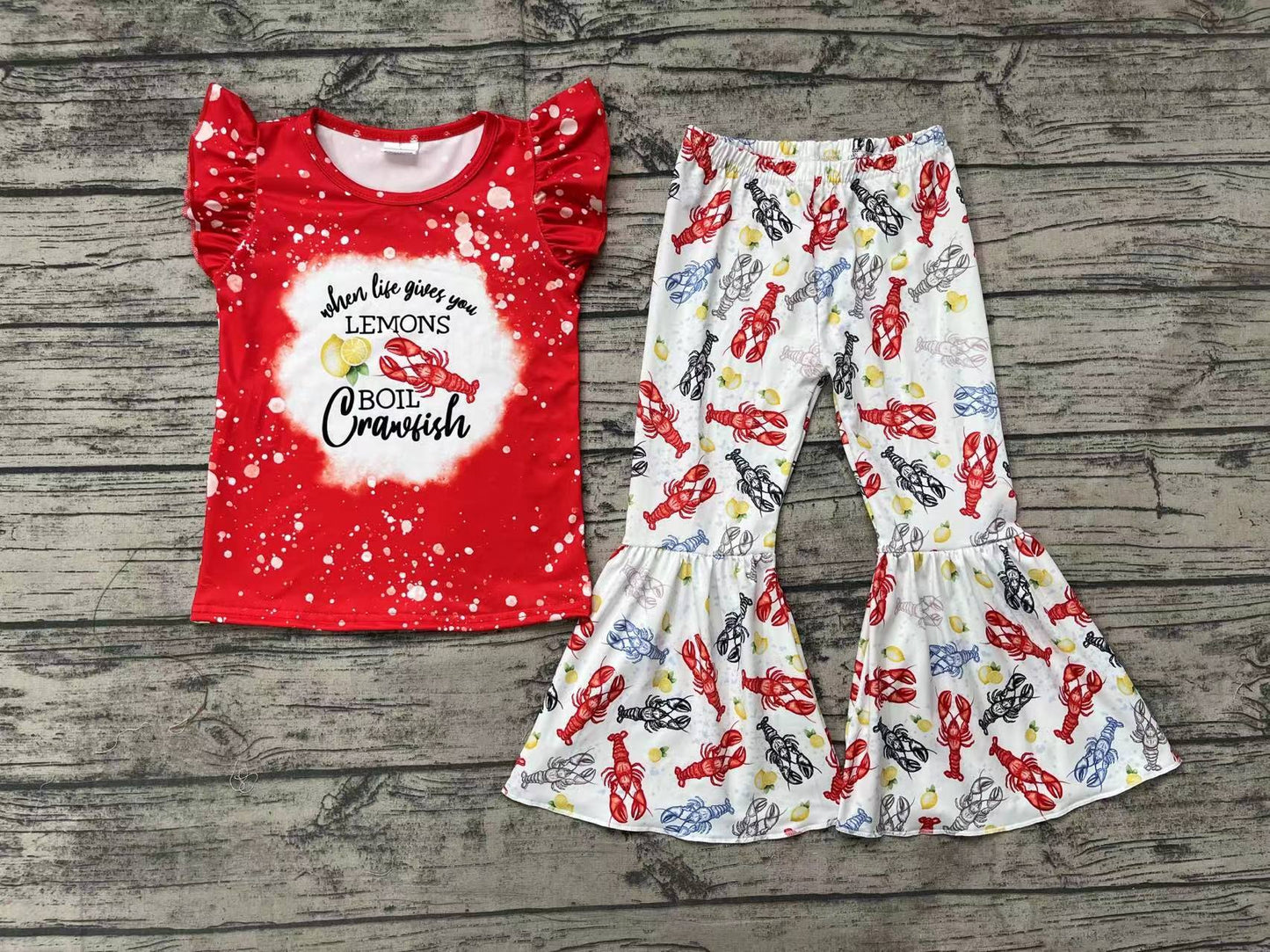 Baby Girls Crawfish Lemons Flutter Sleeve Tee Bell Pants Clothes Sets