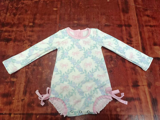 Preorder moq 5 Baby Girls Long Sleeves Pink Bows Floral Ruffle Rompers