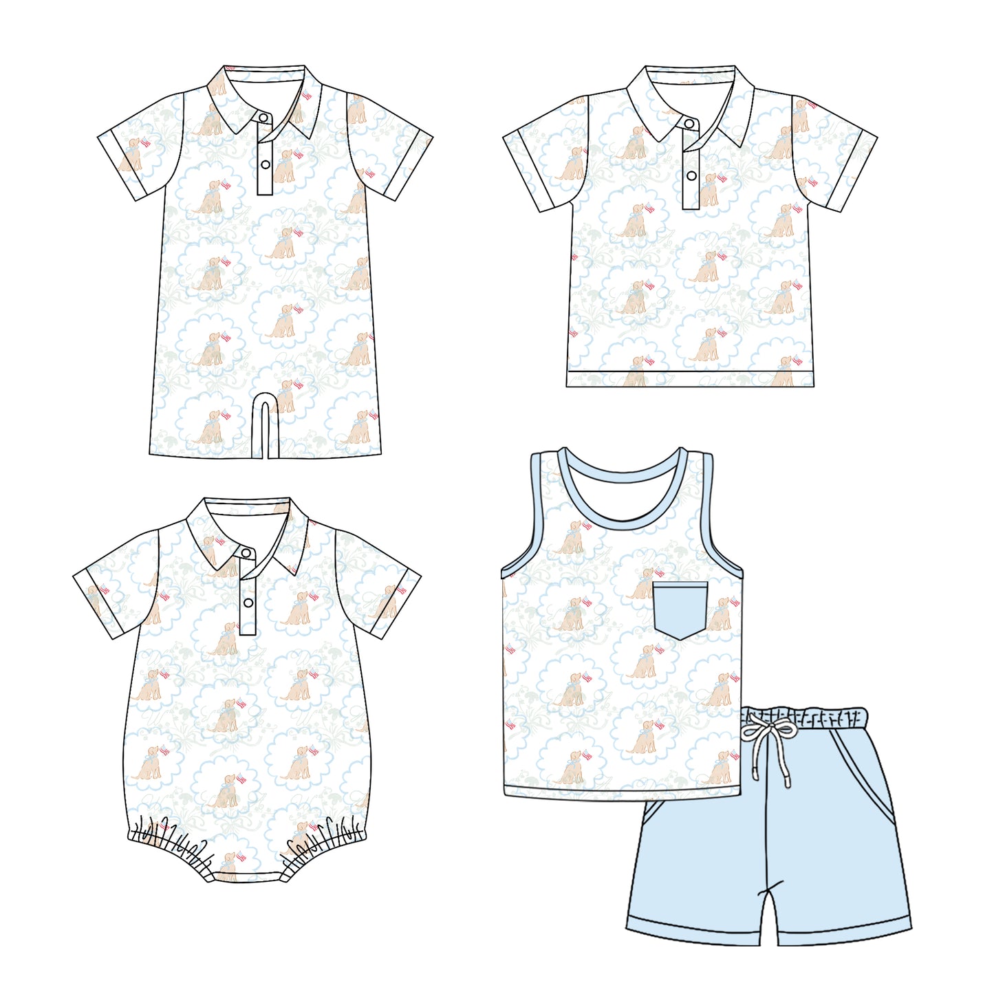 Preorder moq 5 Custom Baby Boys Short Sleeves Button Pocket Dogs Flags Top Short 4th Of July Set Polo Shirts And Rompers