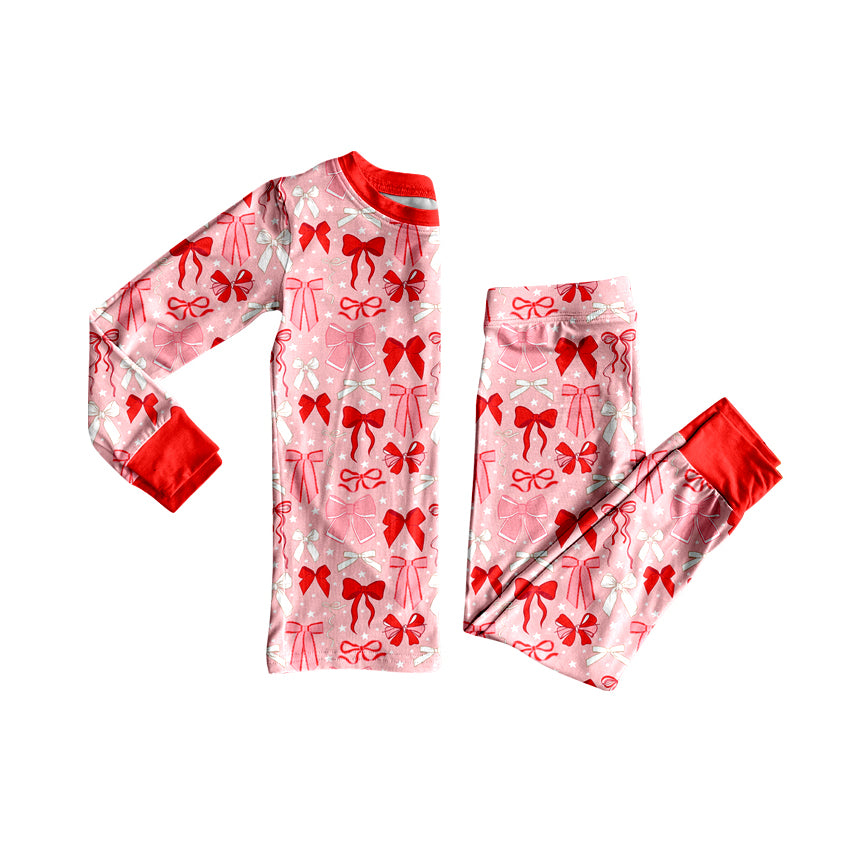 Preorder (moq 20)Baby Girls Bamboo Red Pink Bows Pajamas Sets