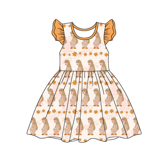 Preorder (moq 5)Baby Girls Singer Orange Pearl Knee Length Dresses
