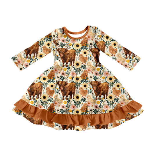 Baby Girls Western Brown Highland Cows Ruffle Knee Length Dresses preorder(MOQ 5)