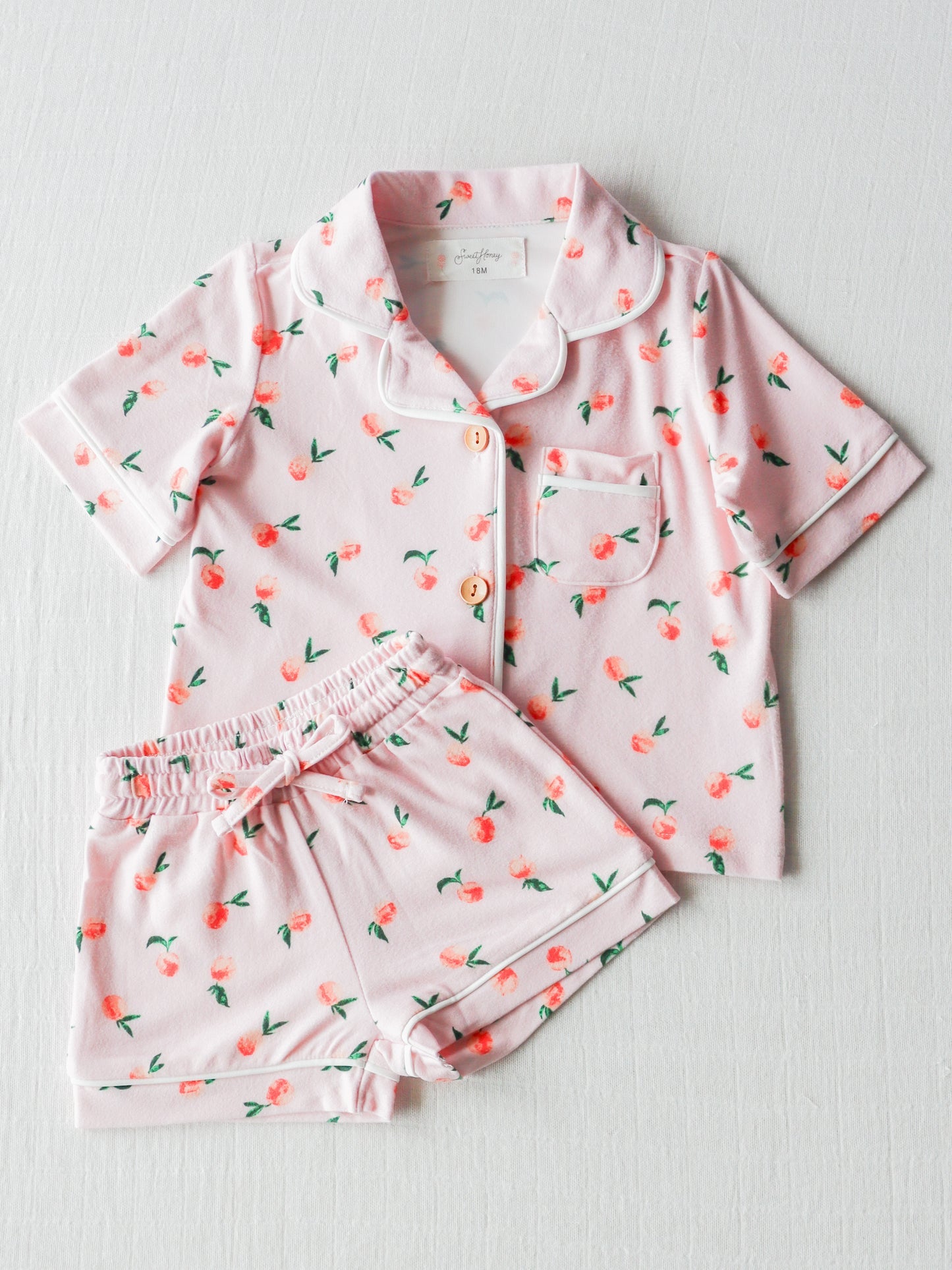 Baby Girls Pink Peaches Buttons Top Shirt Shorts Pajamas Clothes Sets preorder (moq 5)