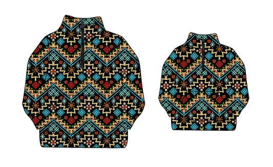 Preorder(moq 5)Mama and Me Long Sleeves Aztec Pocket Zipper Pullovers Top