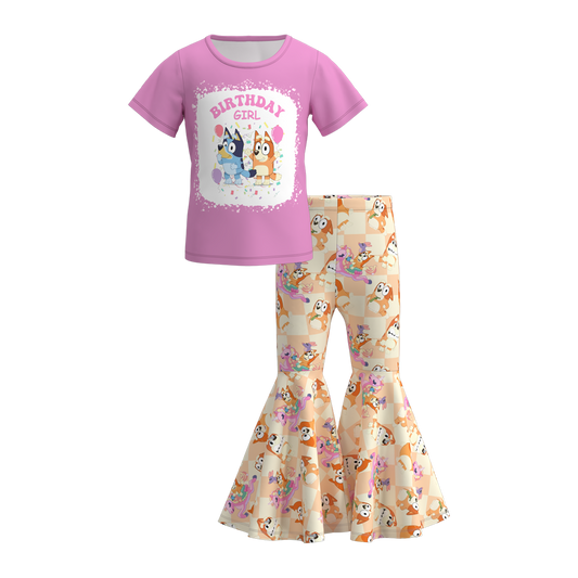 Baby Girls Dog Birthday Shirt Bell Bottom Pants Outfits Sets Preorder(moq 5)