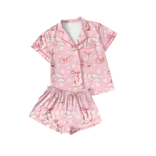 Preorder (moq 5)Baby Girls Western Pink Lapel Button Shirt Top Boots Shorts Pajamas Outfits