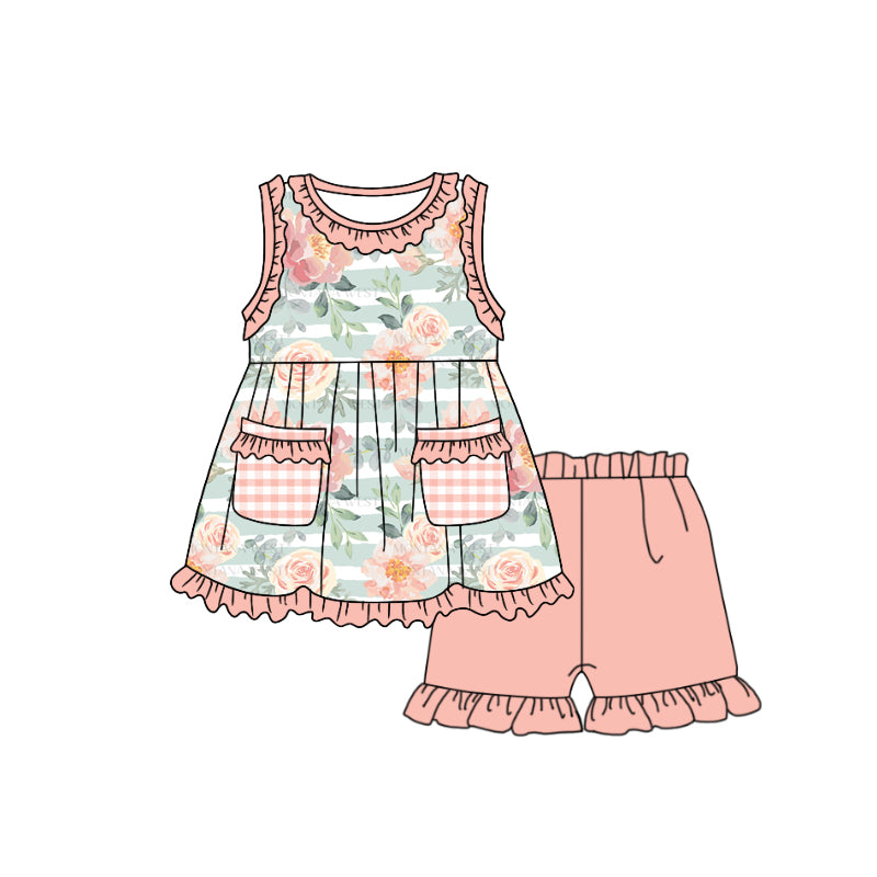 Baby Girls Pink Blue Stripes Flowers Pockets Top Ruffle Shorts Clothes Sets Preorder(moq 5)