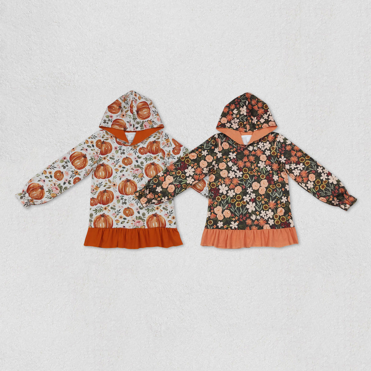 Sibling Baby Girls Flowers Pumpkins Fall Ruffle Hoodies Top