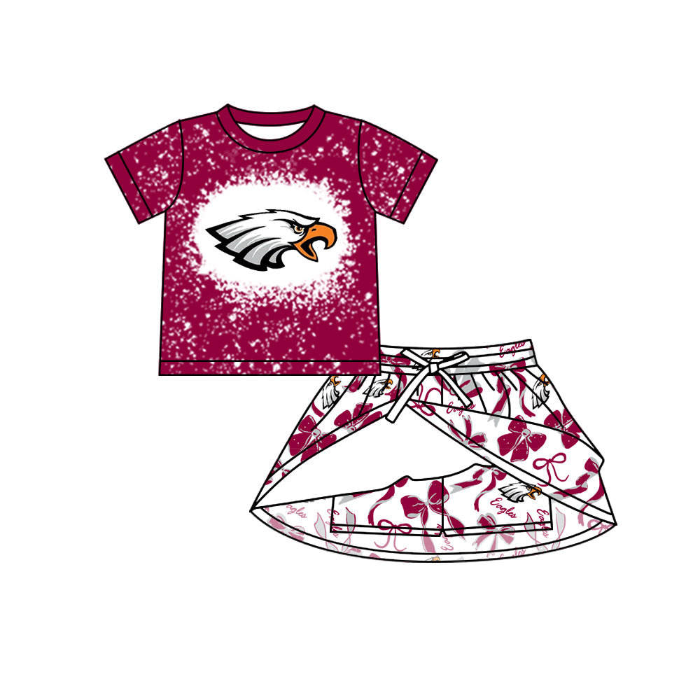 Preorder (moq 5)Baby Girls Wine Short Sleeves Eagles Top Bows Plaid Skorts Team Set