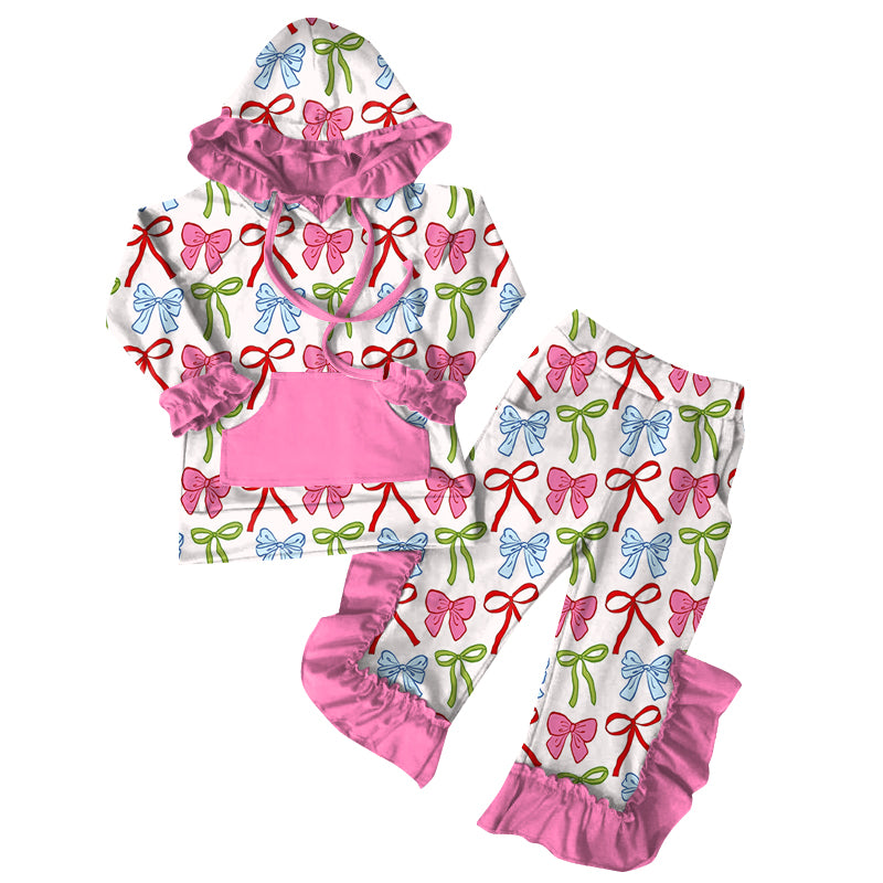 Preorder (moq 5)Baby Girls Pink Colorful Bows Hoodies Top Ruffle Pant Sets