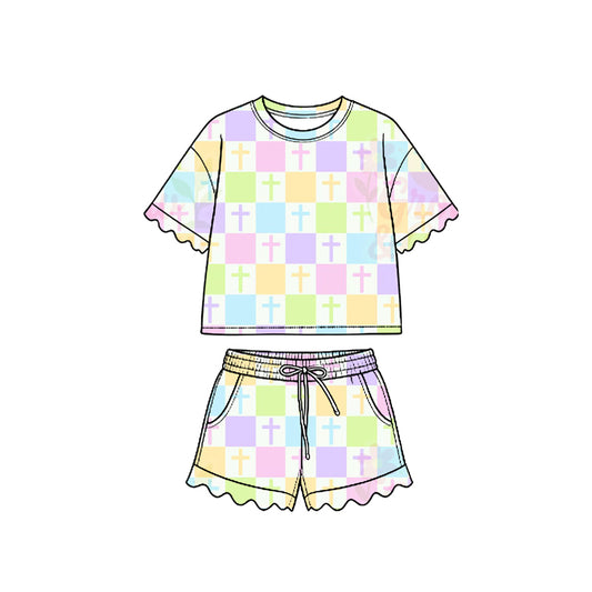 Preorder (moq 5) Baby Girl Clothes Easter Pastel Cross Checker Allover Print Short Sleeve Ruffle Top Short Outfit Set
