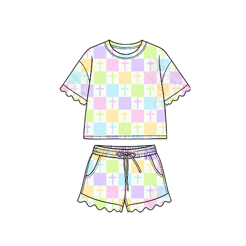 Preorder (moq 5) Baby Girl Clothes Easter Pastel Cross Checkered Mixed Print Short Sleeve Ruffle Short Set