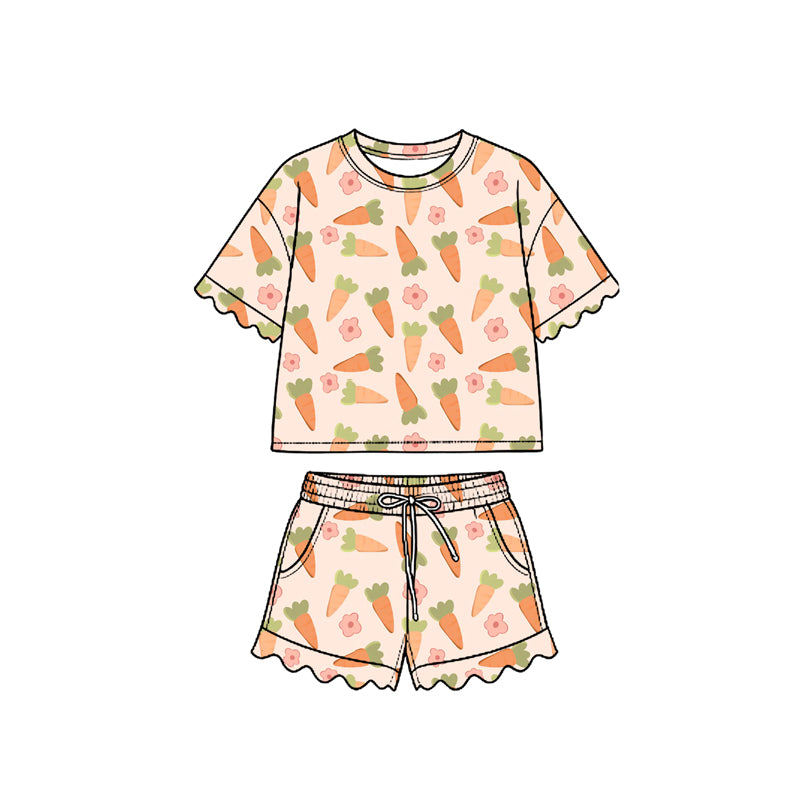 Preorder (moq 5) Baby Girl Clothes Easter Cute Carrot Tiny Flower Mixed Print Short Sleeve Ruffle Short Set