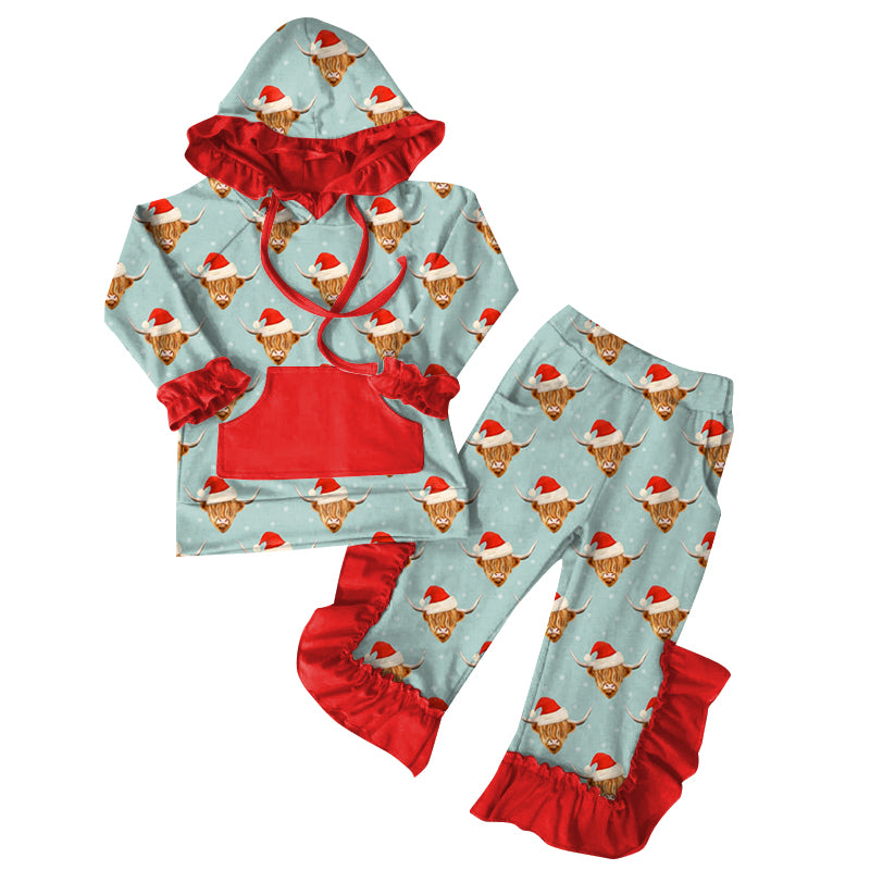 Preorder (moq 5)Baby Girls Christmas Highland Cow Hoodies Top Ruffle Pant Sets