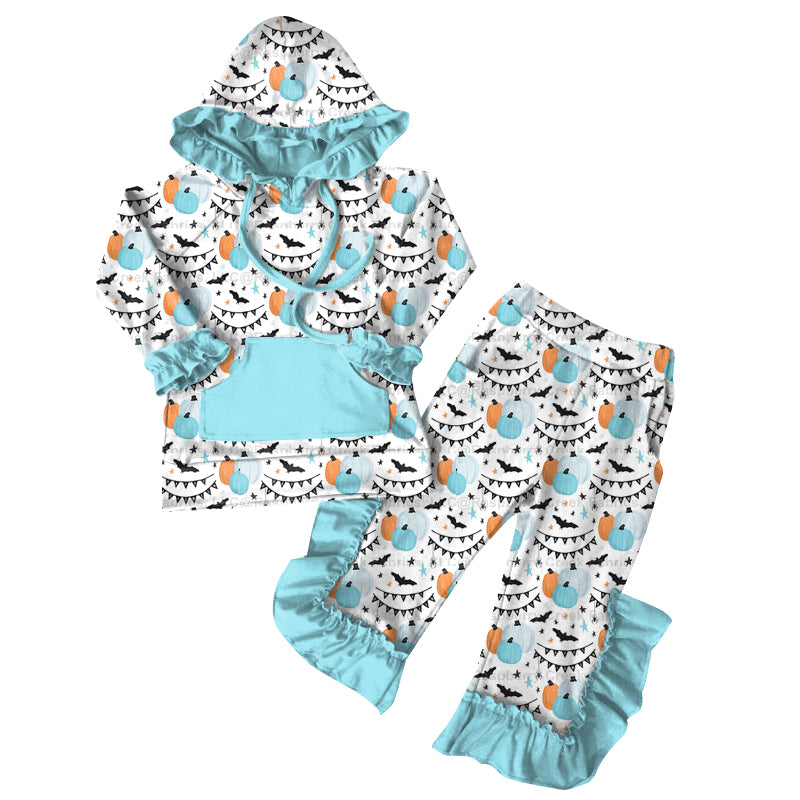 Preorder (moq 5)Baby Girls Halloween Pumpkins Bats Hoodies Top Ruffle Pant Sets