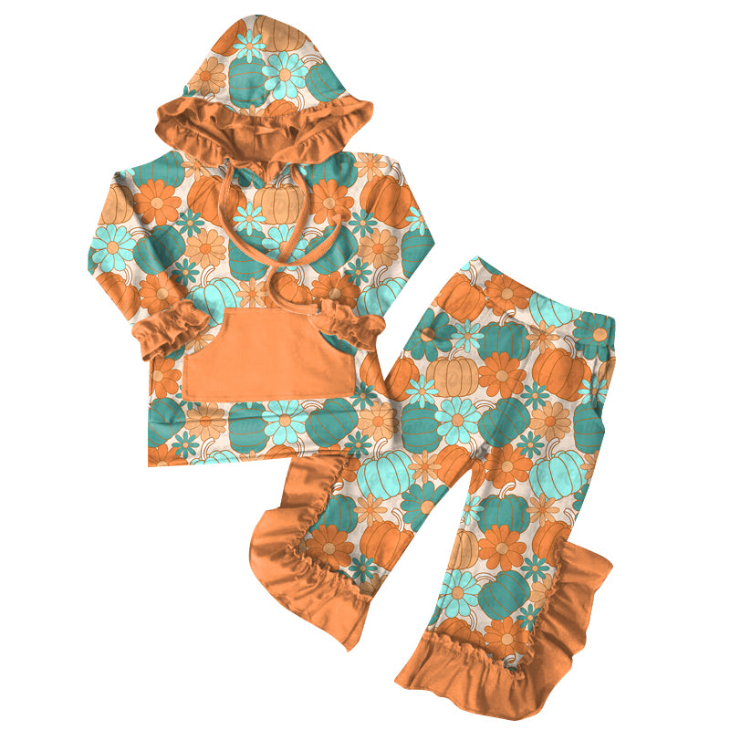 Preorder (moq 5)Baby Girls Fall Flowers Pumpkins Hoodies Top Ruffle Pant Sets