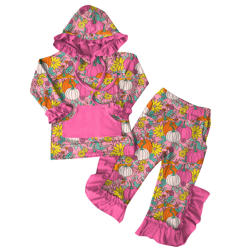 Preorder (moq 5)Baby Girls Fall Pink Flowers Pumpkins Hoodies Top Ruffle Pant Sets
