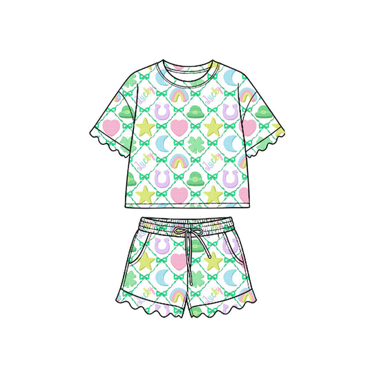 Preorder (moq 5) Baby Girl Clothes St Patrick Lucky Horseshoe Rainbow Heart Allover Print Short Sleeve Ruffle Top Short Outfit Set