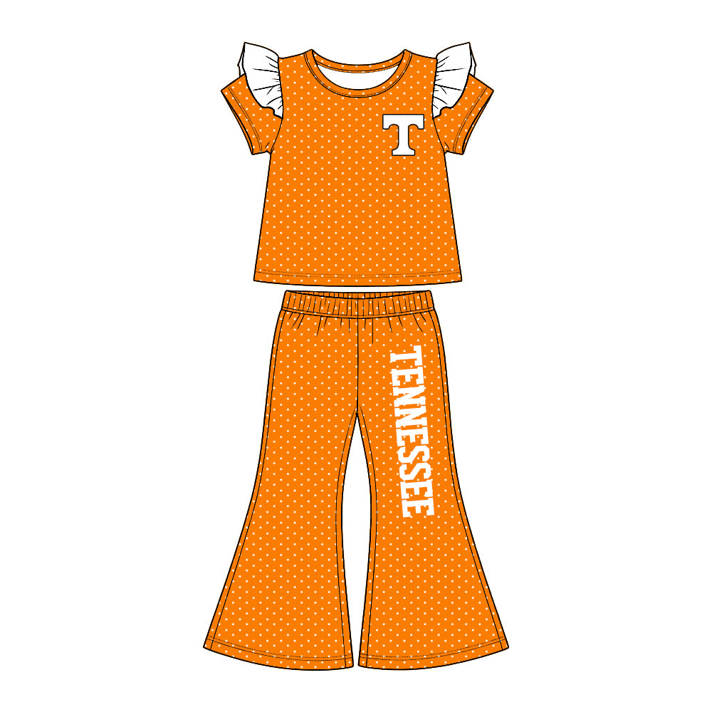 Preorder (moq5) Baby Girls Tennessee Polka Dots Flutter Sleeve Top Flare Pants Team Clothes Set