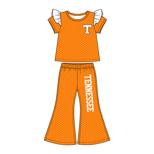 Preorder (moq5) Baby Girls Tennessee Polka Dots Flutter Sleeve Top Flare Pants Team Clothes Set